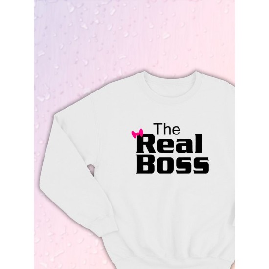 Парные свитшоты The Real Boss Настоящий босс белая женская с принтом мем прикол для влюбленных пар парня и девушки, двоих подруг и друзей, мемная парная одежда underground y2k оверсайз