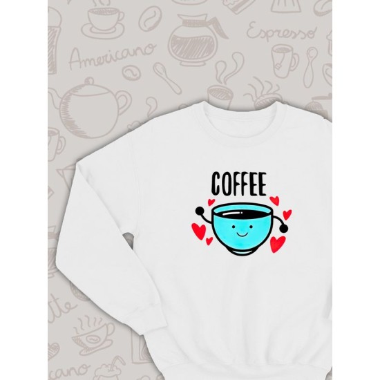 Парный свитшот кофе и печенька каваи Coffee белый мужской с принтом милые чиби с сердечками сердце чибики chibbis kawai chibi kawaii для влюбленных пар парня и девушки, двоих подруг, парная одежда