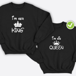 Парные свитшоты для двоих мужа и жену влюбленных с принтом Her King & His Queen / Толстовка без капюшона для пары