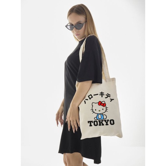 Сумка шоппер бежевый Аниме Hello Kitty Куроми дрейн тканевая с принтом Хелло Китти геншин импакт однотонный мягкий большая с надписью Хело Кити через плечо с котом bts токийские мстители