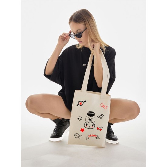 Шоппер бежевый с принтом Kuromi. Сумка Hello Kitty для шопинга на плечо тканевая, мужская и женская.