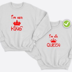 Парные свитшоты для двоих мужа и жену влюбленных с принтом Her King & His Queen / Толстовка без капюшона для пары