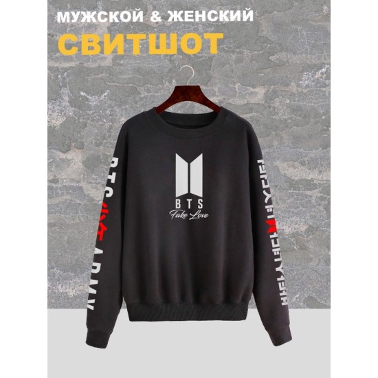 Свитшот BTS Fake Love группа БТС логотип черный с принтом, надписью army лого, k-pop merch одежда оверсайз, унисекс, мужской и женский для подростков девочек и мальчиков, молодежи korean style