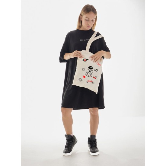Шоппер бежевый с принтом Kuromi. Сумка Hello Kitty для шопинга на плечо тканевая, мужская и женская.