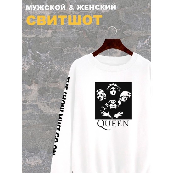 Свитшот Queen рок группа Квин rock merch белый с принтом, надписью, рисунком rock, logo, лого, логотип, оверсайз, унисекс, мужской и женский для подростка и молодежи, рокерская одежда