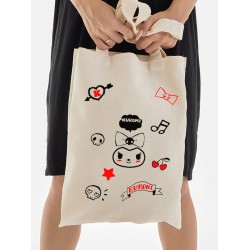 Шоппер бежевый с принтом Kuromi. Сумка Hello Kitty для шопинга на плечо тканевая, мужская и женская.