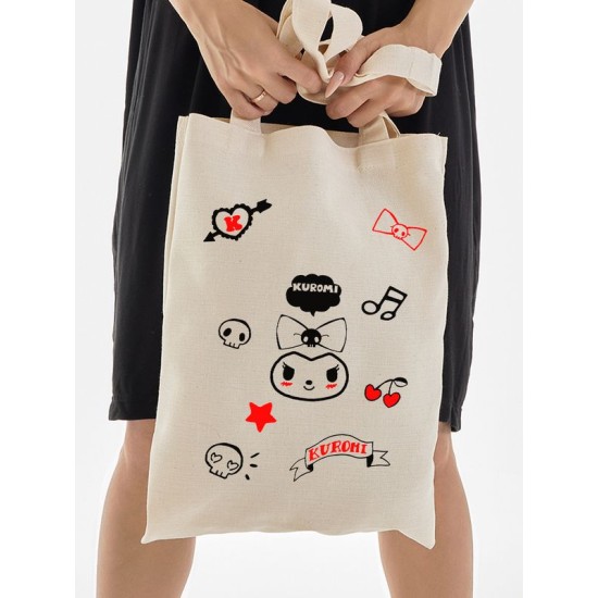 Шоппер бежевый с принтом Kuromi. Сумка Hello Kitty для шопинга на плечо тканевая, мужская и женская.