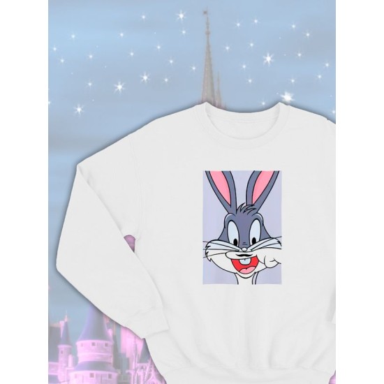 Парные свитшоты Багз Банни кролик Bugs Bunny белая мужская с принтом заяц Багс Бакс Бани для влюбленных пар парня и девушки, двоих подруг, мемная, парная одежда underground y2k оверсайз