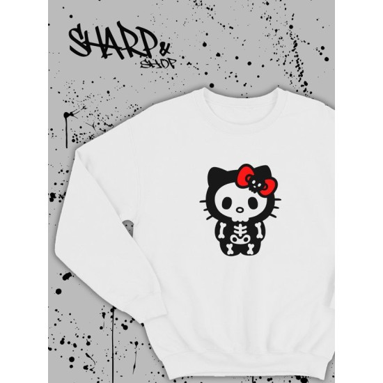 Свитшот Hello Kitty белый мужской Аниме Куроми оверсайз дрейн толстовка без капюшона с принтом Хелло Китти геншин импакт однотонная с надписью Хело Кити с рисунком с котом bts токийские мстители