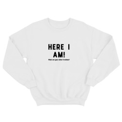 Свитшот для мужчины с интересной надписью Here i am. What are your 2 wishes. Оригинальная толстовка без капюшона.