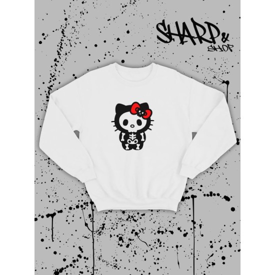 Свитшот Hello Kitty белый мужской Аниме Куроми оверсайз дрейн толстовка без капюшона с принтом Хелло Китти геншин импакт однотонная с надписью Хело Кити с рисунком с котом bts токийские мстители