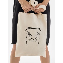 Сумка женская и мужская, бежевая с мемом, рисунком и надписью Meowtallica без молнии и застежки, школьная, спортивная. Шоппер тканевой аниме, с принтом на плечо, унисекс, эко хлопок для подростка.