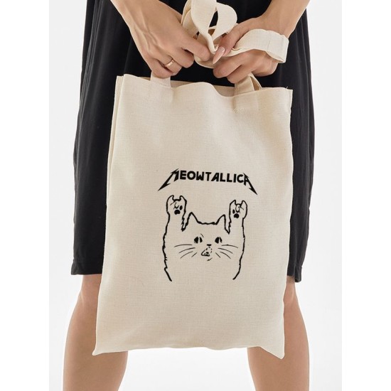 Сумка женская и мужская, бежевая с мемом, рисунком и надписью Meowtallica без молнии и застежки, школьная, спортивная. Шоппер тканевой аниме, с принтом на плечо, унисекс, эко хлопок для подростка.