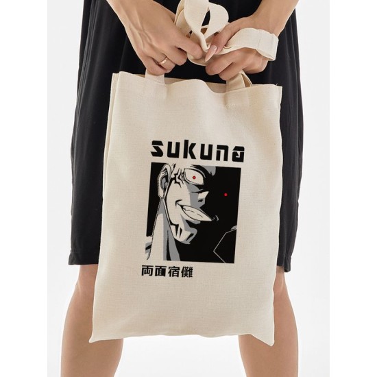 Сумка-шоппер бежевая, хлопок, с принтом аниме Магическая битва Sukuna.