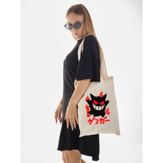 Шоппер бежевый с принтом Pokemon Gengar. Сумка для шопинга на плечо тканевая, мужская и женская.
