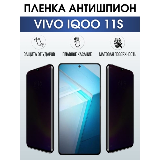 Защитная гидрогелевая пленка для смартфона Vivo IQOO 11s. Полиуретановая плёнка антишпион на мобильный телефон, для защиты экрана.