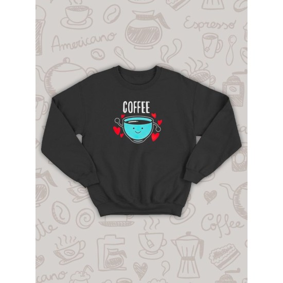 Парный свитшот кофе и печенька каваи Coffee черный мужской с принтом милые чиби с сердечками сердце чибики chibbis kawai chibi kawaii для влюбленных пар парня и девушки, двоих подруг, парная одежда