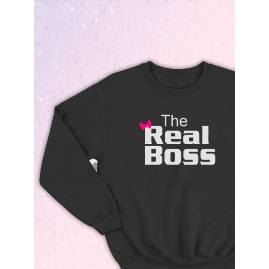 Парные свитшоты The Real Boss Настоящий босс черная женская с принтом мем прикол для влюбленных пар парня и девушки, двоих подруг и друзей, мемная парная одежда underground y2k оверсайз