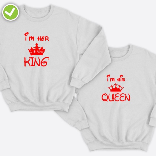 Парные свитшоты для двоих мужа и жену влюбленных с принтом Her King & His Queen / Толстовка без капюшона для пары