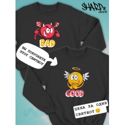 Парные свитшоты ангел ангелок good angel черная женская с принтом дьявол и хороший смайл для влюбленных пар парня и девушки, двоих подруг и друзей, мемная, парная одежда underground y2k оверсайз