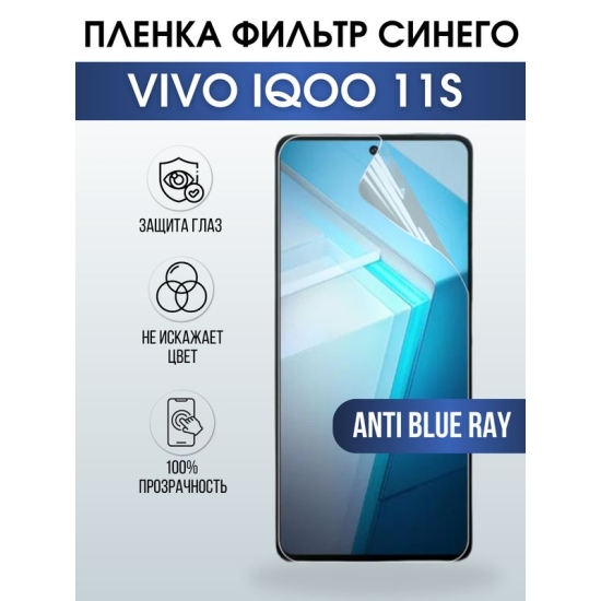 Защитная гидрогелевая пленка для смартфона Vivo IQOO 11s. Полиуретановая плёнка anti blue ray на мобильный телефон, для защиты экрана.