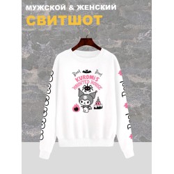 Свитшот женский белый Kuromis haunted house с принтом Куроми Хеллоу Кити. Унисекс одежда андеграунд с надписью хелоу кити, y2k оверсайз.
