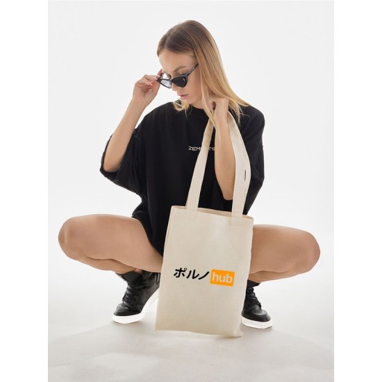 Сумка-шоппер бежевая, хлопок, с принтом аниме pornhub porn hub.