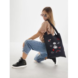 Шоппер черный с принтом Kuromi. Сумка Hello Kitty для шопинга на плечо тканевая, мужская и женская.
