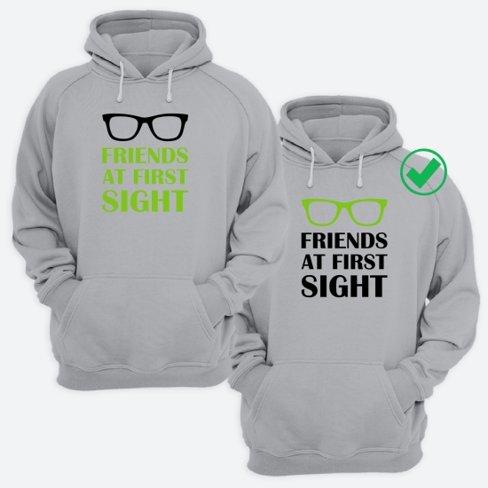 Парные толстовки с капюшоном для двоих друзей c надписью Friends at first sight