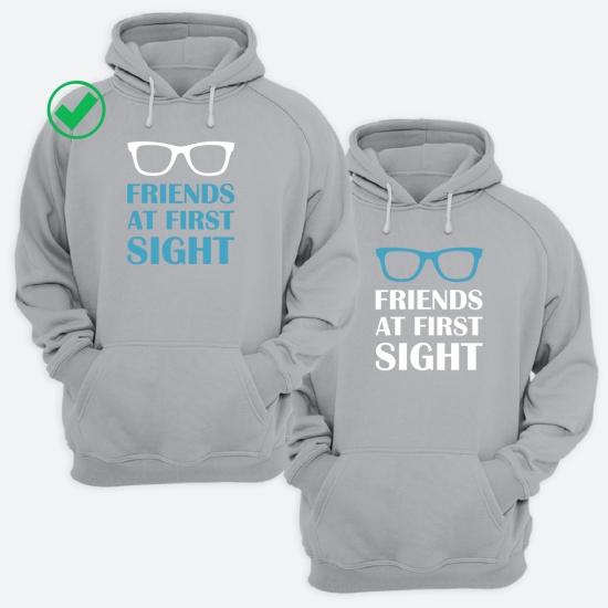 Парные толстовки с капюшоном для двоих друзей c надписью Friends at first sight