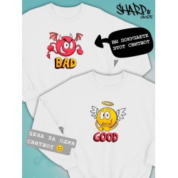 Парные свитшоты черт плохой смайл bad devil белая мужская с принтом дьявол и ангел для влюбленных пар парня и девушки, двоих подруг и друзей, мемная, парная одежда underground y2k оверсайз