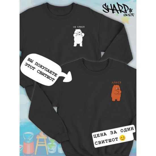 Парные свитшоты We Bare Bears Гризли злюся черная женская с принтом Вся правда о медведях для влюбленных пар парня и девушки, двоих подруг и друзей, мемная парная одежда underground y2k оверсайз