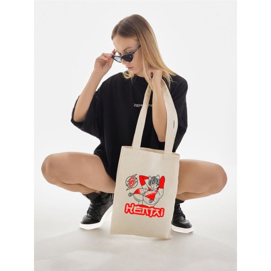 Шоппер бежевый с принтом Хентай. Сумка Hello Kitty для шопинга на плечо тканевая, мужская и женская.