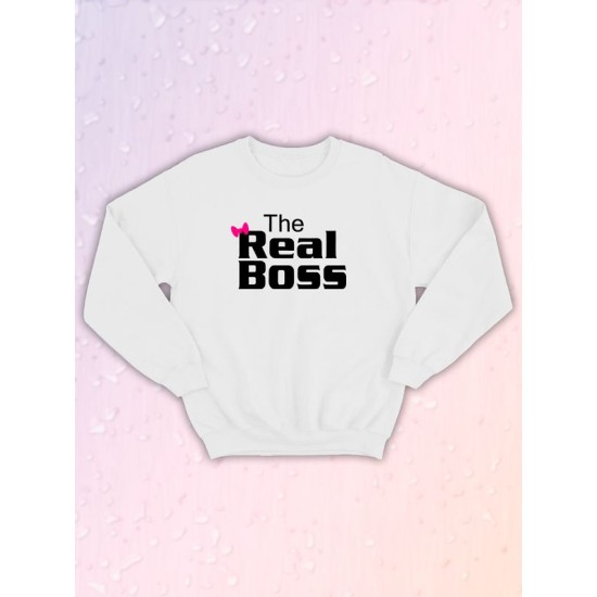 Парные свитшоты The Real Boss Настоящий босс белая женская с принтом мем прикол для влюбленных пар парня и девушки, двоих подруг и друзей, мемная парная одежда underground y2k оверсайз