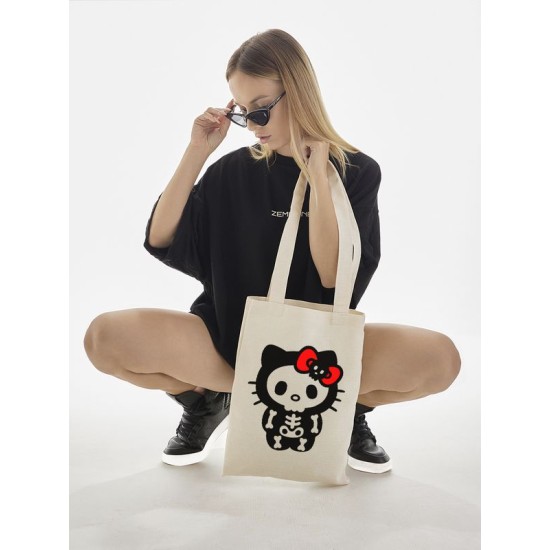 Сумка шоппер бежевый Аниме Hello Kitty Куроми дрейн тканевая с принтом Хелло Китти геншин импакт однотонный мягкий большая с надписью Хело Кити через плечо с котом bts токийские мстители