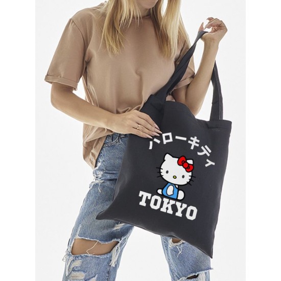 Сумка шоппер черный Аниме Hello Kitty Куроми дрейн тканевая с принтом Хелло Китти геншин импакт однотонный мягкий большая с надписью Хело Кити через плечо с котом bts токийские мстители
