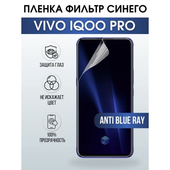 Защитная гидрогелевая пленка для смартфона Vivo IQOO PRO. Полиуретановая плёнка anti blue ray на мобильный телефон, для защиты экрана.