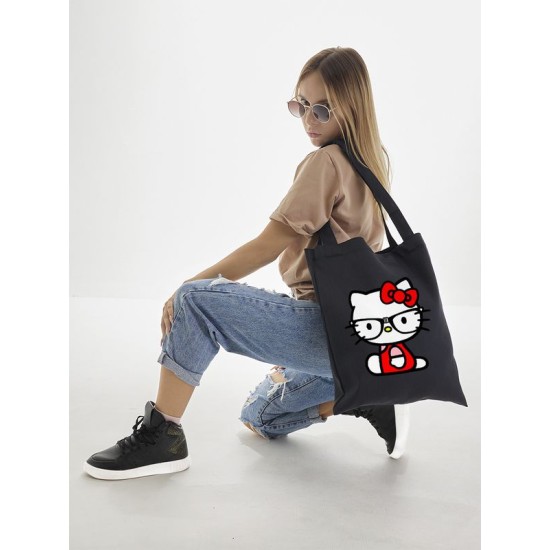 Сумка шоппер черный Аниме Hello Kitty Куроми дрейн тканевая с принтом Хелло Китти геншин импакт однотонный мягкий большая с надписью Хело Кити через плечо с котом bts токийские мстители