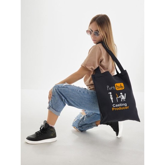 Шоппер черный с принтом Casting producer Pornhub. Сумка для шопинга на плечо тканевая, мужская и женская.