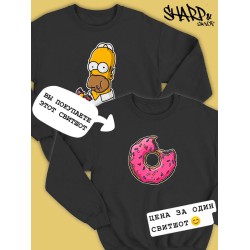 Парные свитшоты пончик Симпсоны Simpsons черная женская с принтом Симсоны donut донатс для влюбленных пар парня и девушки, двоих подруг и друзей, мемная, парная одежда андеграунд y2k оверсайз