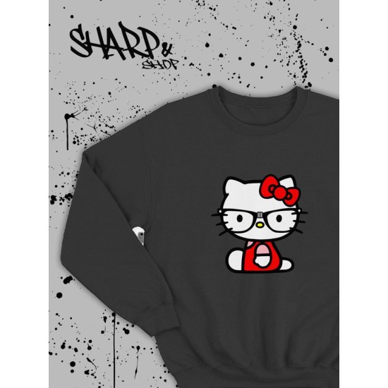 Свитшот Hello Kitty черный мужской Аниме Куроми оверсайз дрейн толстовка без капюшона с принтом Хелло Китти геншин импакт однотонная с надписью Хело Кити с рисунком с котом bts токийские мстители