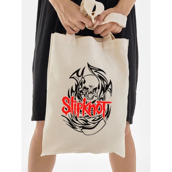 Шоппер бежевый с принтом Slipknot. Сумка для шопинга на плечо тканевая, мужская и женская.