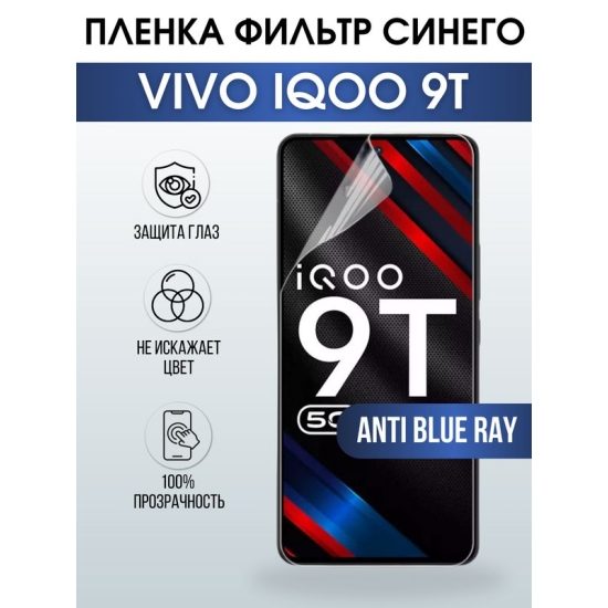 Защитная гидрогелевая пленка для смартфона Vivo IQOO 9t. Полиуретановая плёнка anti blue ray на мобильный телефон, для защиты экрана.