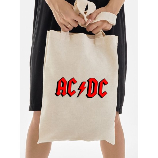 Шоппер бежевый с принтом ACDC. Сумка для шопинга на плечо тканевая, мужская и женская.