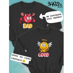 Парные свитшоты черт плохой смайл bad devil черная мужская с принтом дьявол и ангел для влюбленных пар парня и девушки, двоих подруг и друзей, мемная, парная одежда underground y2k оверсайз