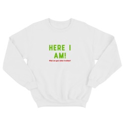 Свитшот для мужчины с интересной надписью Here i am. What are your 2 wishes. Оригинальная толстовка без капюшона.