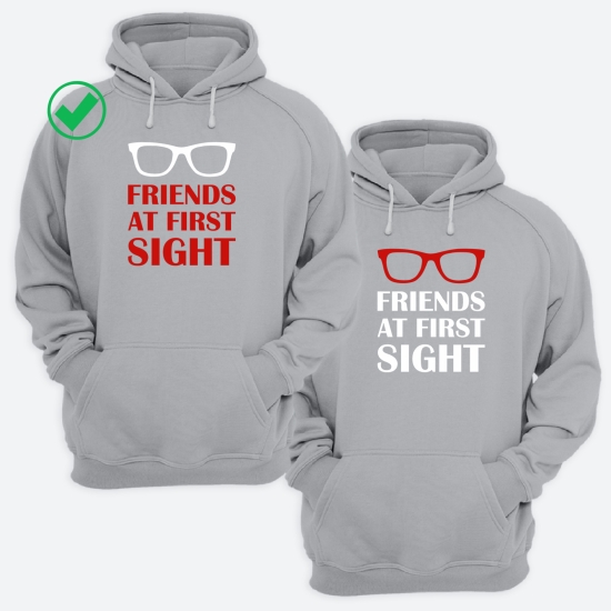 Парные толстовки с капюшоном для двоих друзей c надписью Friends at first sight