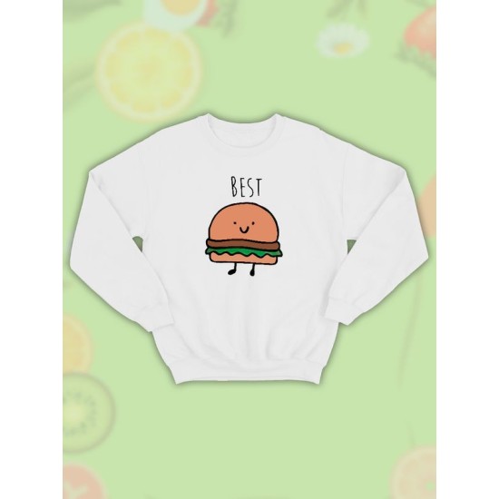 Парные свитшоты Best Friends бургер белая женская с принтом гамбургер burger hamburger для влюбленных пар парня и девушки, двоих подруг и друзей, мемная, андеграунд парная одежда y2k оверсайз