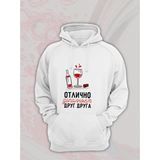 Худи парное для двоих влюбленных на свадьбу "Отлично дополняем друг друга" белое женское. Худи с принтом для пар и для молодоженов.