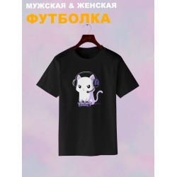 Футболка кот геймер и котик game player с принтом каваи котенок прикол для геймера kitty cat meme anime style kawaii kawai, черная женская и мужская стрит стайл мемная прикольная одежда кэжуал y2k.